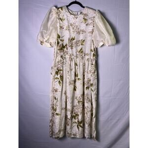 Vintage Terri Ellen White Pink Puff Sleeve Knee Length Floral Dress Women's L/XL